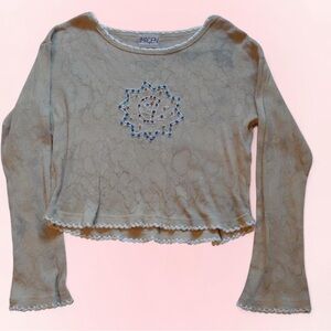 Tan & Blue Long Sleeve Top with Embroidered Detail